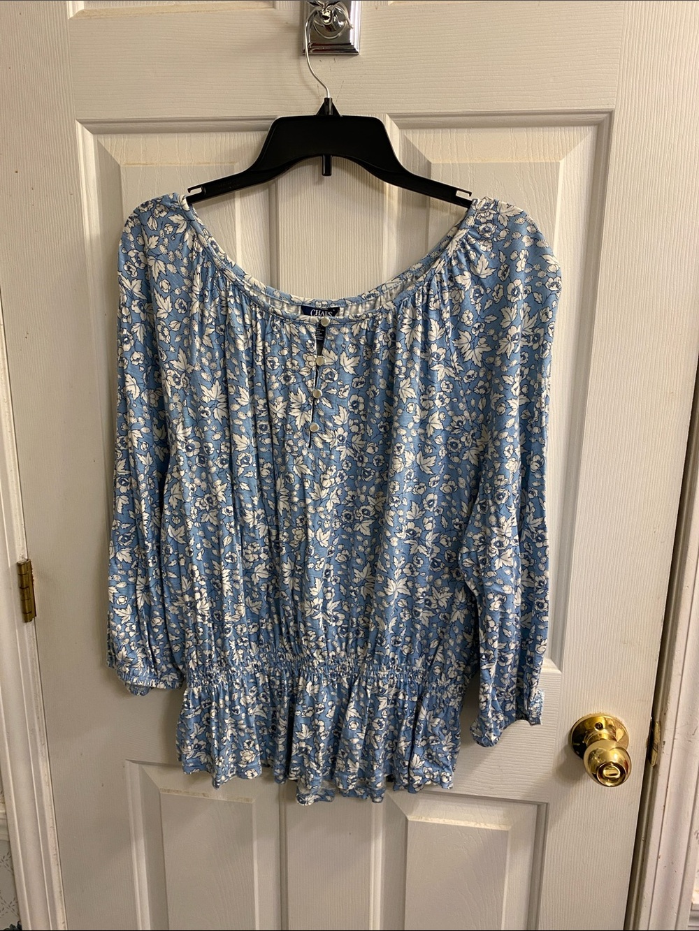 Chaps Light Blue Floral 1X Peasant Blouse with White Flower Print Elastic Waist